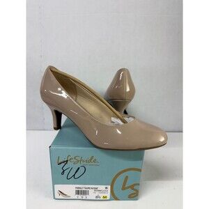 LifeStride Women's Parigi Taupe Patent Slip On Round Toe Kitten Heels Sz 8.5M